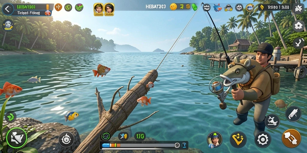 Tampilan layar permainan HEBAT303 saat menangkap ikan di lautan.