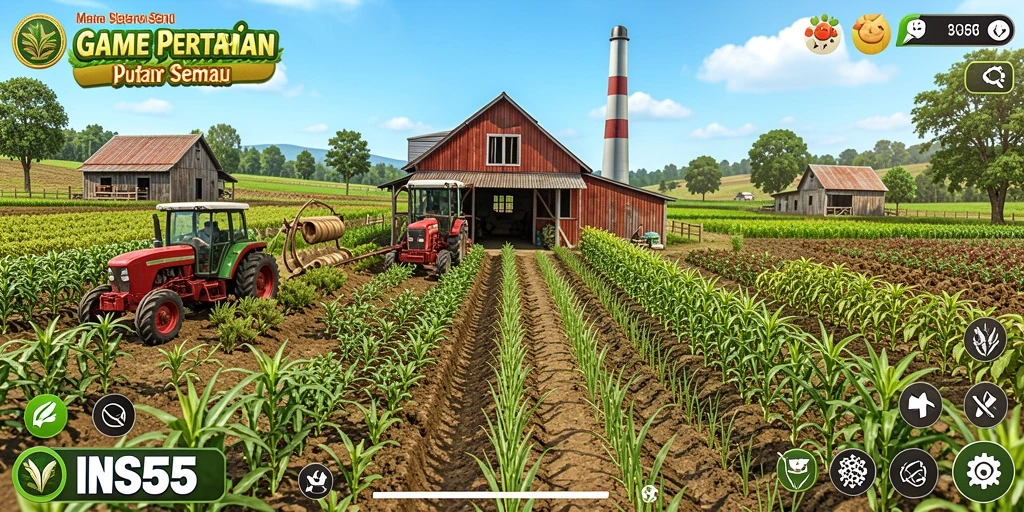Screenshot gameplay INS55 yang menunjukkan aktivitas pertanian yang menyenangkan.