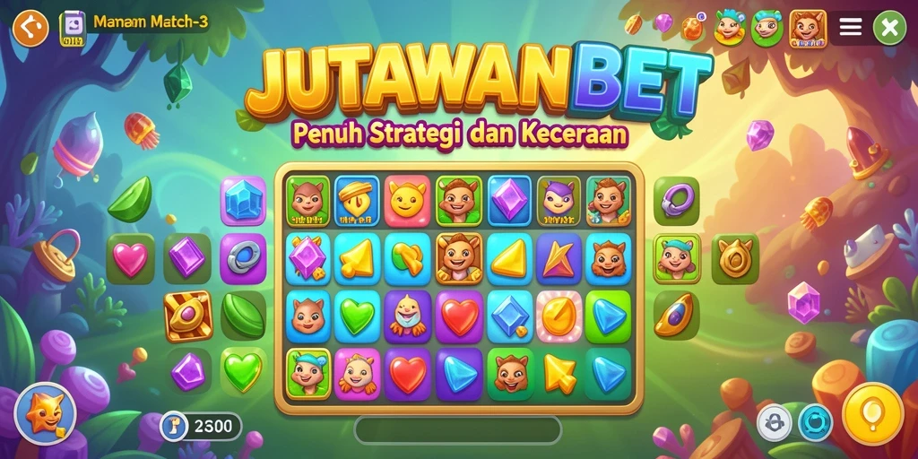 Tangkapan layar <strong>JUTAWANBET</strong> menunjukkan aksi seru permainan Match-3 yang penuh warna.