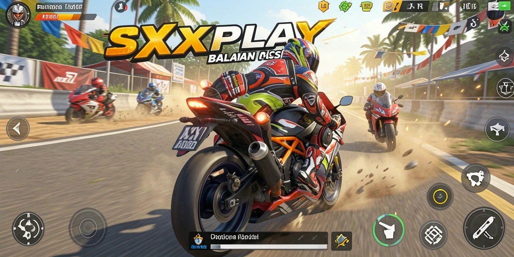 Screenshot gameplay SXXPLAY dengan balapan motor yang penuh aksi.